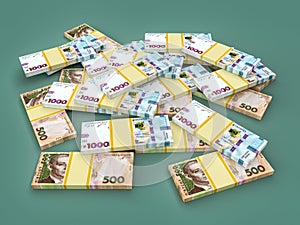 Stack of ukrainian money hryvnia (grivna, hryvna) with 1000 banknotes. Finance concept