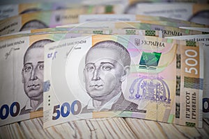 Stack of ukrainian money hryvnia grivna, hryvna with 500 banknotes
