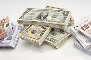 Stack of US, British and European Currency