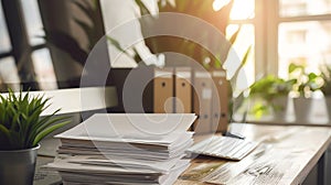 A stack of various business documents neatly arranged next to a modern computer in an office setting, with soft natural lighting