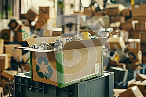 Stack of Cardboard Boxes With Green Recyclable Symbol. Generative AI