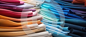 A stack of various colored fabrics including electric blue, magenta, and peach
