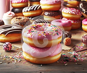 A stack of various fresh donuts with pink, yellow, chocolate icing