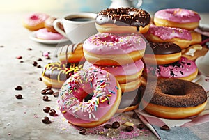 A stack of various fresh donuts with pink, yellow, chocolate icing