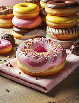 A stack of various fresh donuts with pink, yellow, chocolate icing