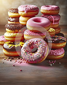 A stack of various fresh donuts with pink, yellow, chocolate icing