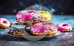 A stack of various fresh donuts with pink, yellow, chocolate icing on bkack background