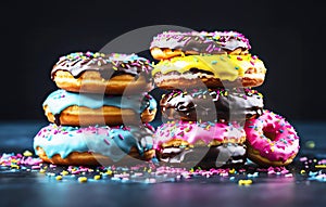 A stack of various fresh donuts with pink, yellow, chocolate icing on black background