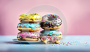 A stack of various fresh donuts with pink, yellow, chocolate icing onpink background