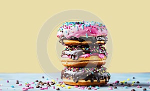 A stack of various fresh donuts with pink, yellow, chocolate icing on yellow background