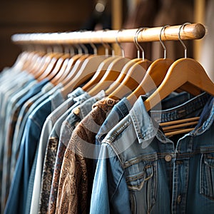 Stack of Various Shades Of Blue shirts ,Denim jeans texture