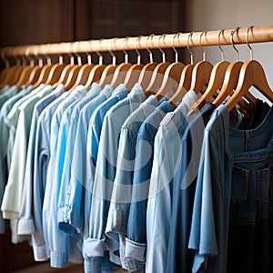 Stack of Various Shades Of Blue shirts ,Denim jeans texture