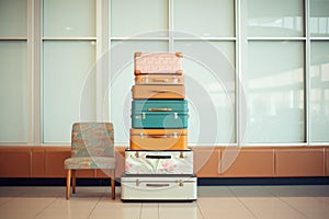 stack of varioussized suitcases in an airport lobby