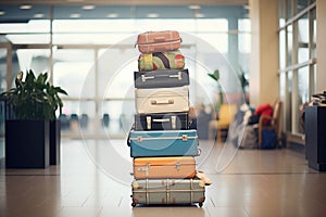 stack of varioussized suitcases in an airport lobby