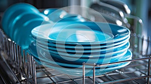 Stack of vibrant blue ceramic plates neatly arranged on a metal rack inside a dishwasher ready for cleaning or drying in a modern