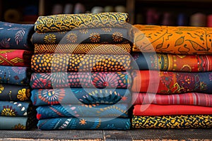 Stack of vibrant cloths in various patterns and colors neatly arranged on a wooden table