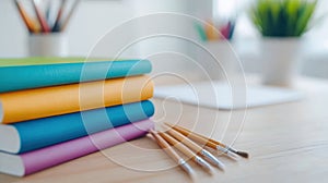 Colorful notebooks and paintbrushes on a wooden desk in a bright, creative workspace, AI