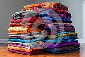 stack of vibrant quilts folded neatly