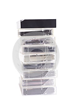 Stack of vintage audio cassettes isolated on white