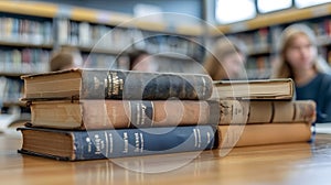 Stack of Vintage Books in a Library with Students in the Background concept study leering library book history