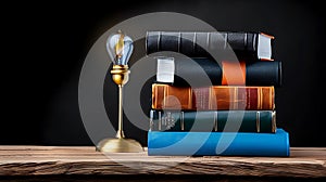 Stack of Vintage Books with a Light Bulb on Wooden Surface