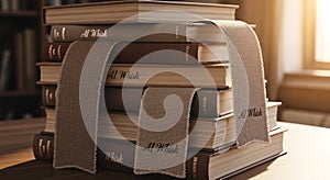 Stack of Vintage Books with Rustic Ribbons in Warm Light
