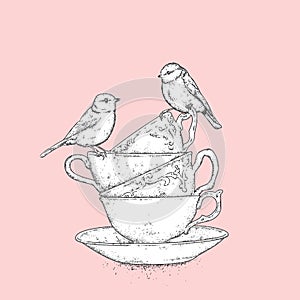 A stack of vintage cups and tender birds. Vector illustration for a postcard or a poster.