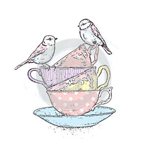 A stack of vintage cups and tender birds. Vector illustration for a postcard or a poster.