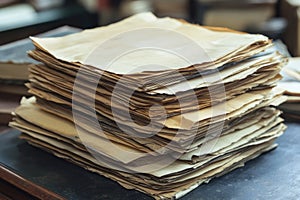 A stack of vintage documents or manuscripts resting on a wooden table
