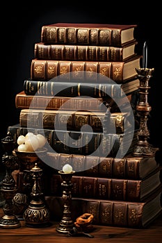 Stack of Vintage Leather Books on a Desk