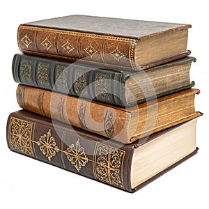 Stack of Vintage Leather Books isolated on white background
