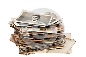 Stack of vintage sepia style photo from family album isolated.