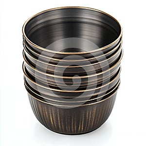 A stack of vintagestyle metal bowls