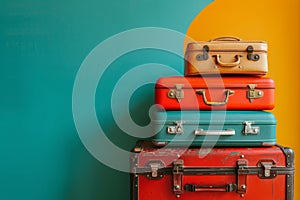 Stack of vintage suitcases on bright background. Generative AI