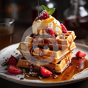 Stack of waffles being drizzled with syrup