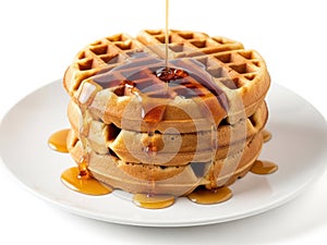 Stack of waffles with syrup isolated on white background