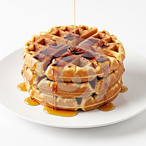 Stack of waffles with syrup isolated on white background