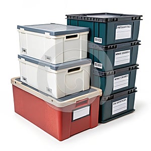 Warehouse storage boxes isolated on white background