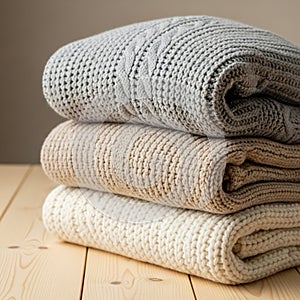 Stack of Warm Knitted Sweaters in Neutral Tones