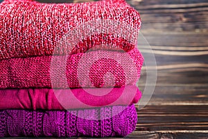 Stack of warm knitting clothing lying on a wooden table