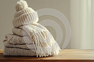 A stack of warm white winter clothes on a table. Image in light tones