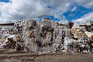 Stack of waste paper at the recycling factory