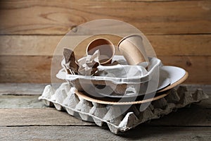 Stack of waste paper on wooden table