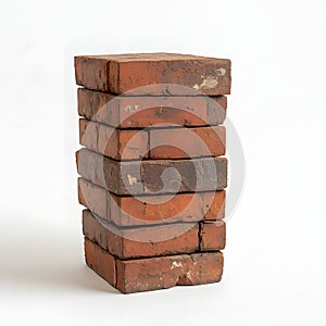 Stack of weathered red bricks isolated on a white background, construction material
