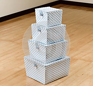 Stack of weaved plastic baskets