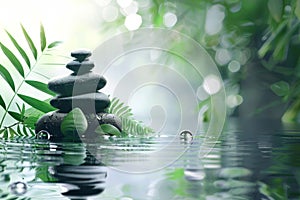 A stack of wet zen stones and leaves on a light background with copy space, relaxation background