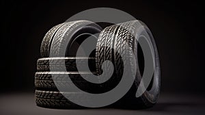 Stack of wheel new black tyres for winter car driving isolated on black background, generative ai