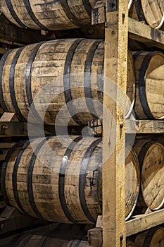Stack of whisky in oak barrels