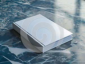 A stack of white books sitting on top of a marble table