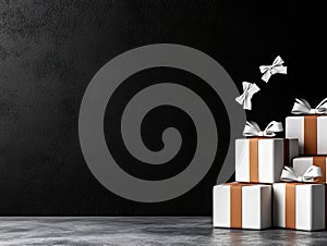 A stack of white and brown gift boxes with bows on them